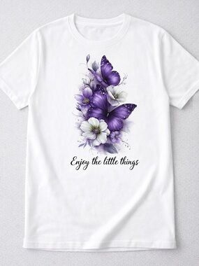 White Women's Tee with Purple Butterfly Floral Print